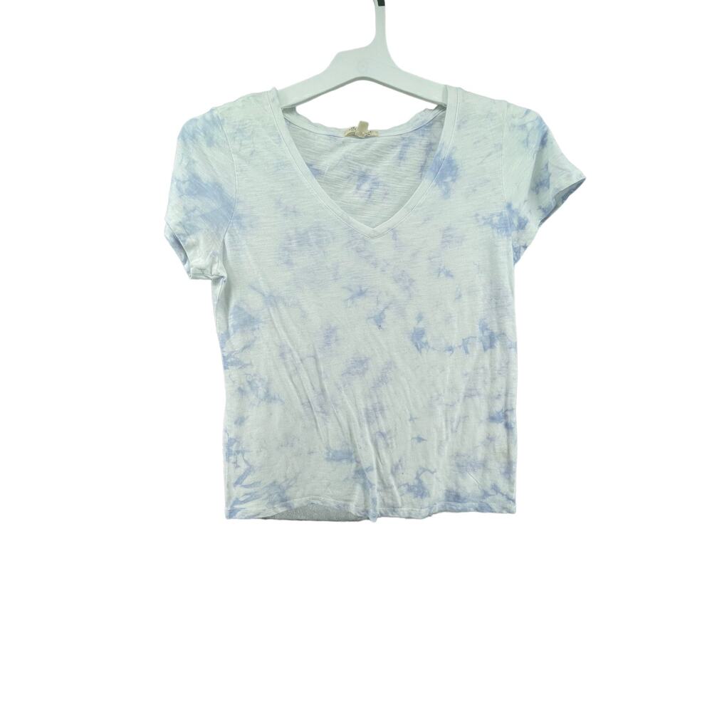 Ultra Flirt White Blue Tie Dye Short Sleeve V-Neck Top Women's Size Large